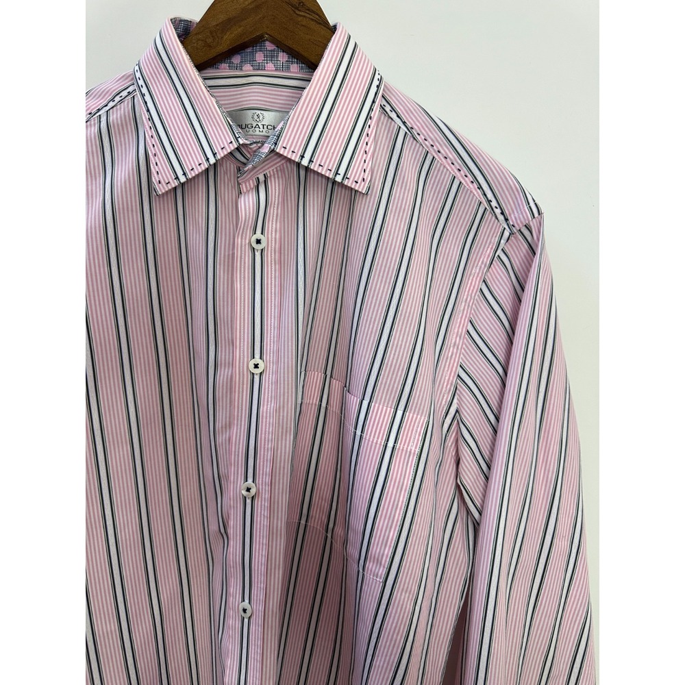 Bugatchi Uomo Pink White Striped Cotton Long Sleeve Button Down Shirt Mens Large - Picture 5 of 12